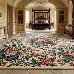 May include: A large, rectangular floral rug with a cream background. The rug features a detailed pattern of pink, red, blue, and yellow flowers with green leaves. The rug is placed in a luxurious room with a four-poster bed.
