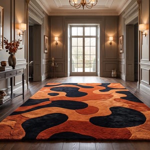 Handmade New Zealand Wool Abstract Blob Rug: Black Orange High Pile Area Carpet