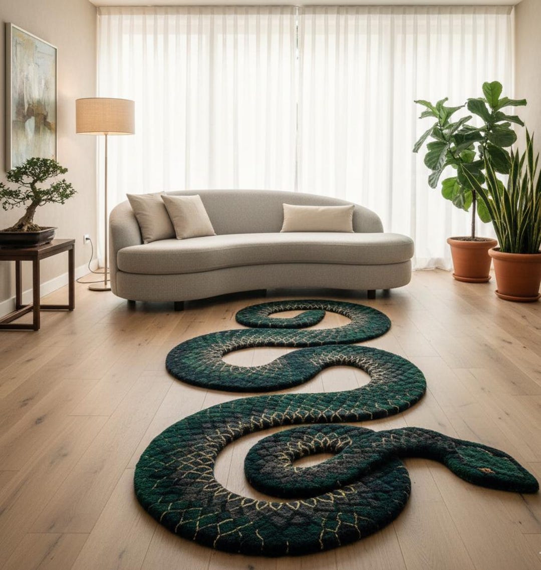 Whitesnake Rug Handmade Wool Snake Rug, Green Serpent Floor Runner - Etsy