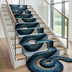 Op de afbeelding: Een trap met een op maat gemaakte tapijtloper. De loper heeft een blauw en blauwgroen patroon met een gouden accent, dat lijkt op een gestileerde slang. De trap heeft witte stootborden en houten treden, met een glazen en houten balustrade.