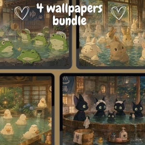 May include: A digital art bundle of four wallpapers. The wallpapers feature cartoon animals in a Japanese onsen setting. The animals include frogs, rabbits, ducks, and black cats. The text "4 wallpapers bundle" is displayed in white.