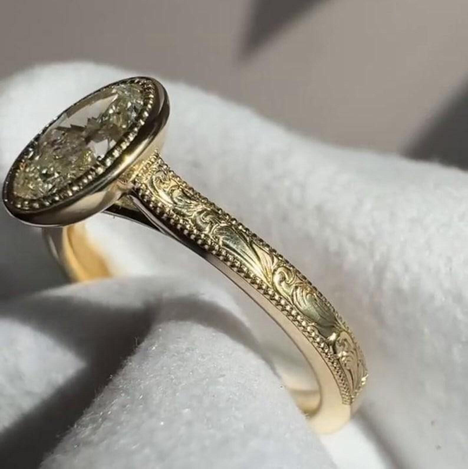 Vintage 3ct Bezel Set Oval Cut Moissanite Engagement Ring 14K Solid ...