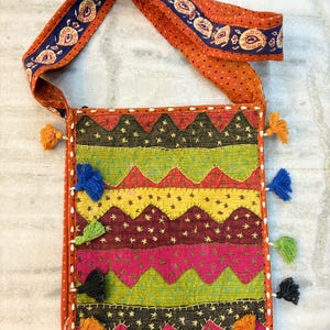 Handmade Kantha Embroidered Cotton Sling Bag: Boho Tribal Crossbody Tote