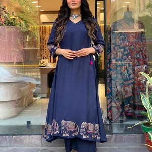 Navy Blue Anarkali Kurta Set: Elephant Embroidered Indian Dress