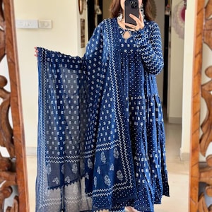 Handblock Printed Indigo Cotton Anarkali Dress with Dupatta: Boho Indian Kurti Set