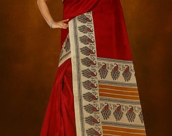 May include: A red saree with a cream-colored border featuring a repeating peacock feather design. The saree has a solid red body and a cream-colored blouse. The border also has orange stripes.