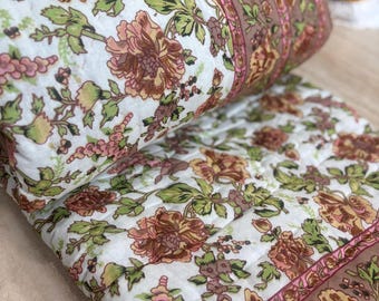 Hand Block Printed Cotton Quilt: Floral Sanganeri Print, Lightweight Boho Bedding