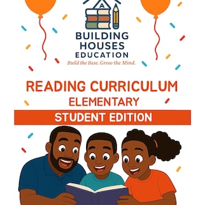 May include: A colorful illustration for a reading curriculum. The image features a family reading a book, with text that reads "READING CURRICULUM ELEMENTARY STUDENT EDITION" and "WRITTEN BY: CHARISSE THOMPSON". Two orange balloons are at the top.