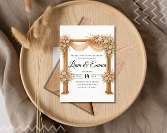 Rustic Floral Wedding Invitation | Blush Wedding Arch Invite | Editable Digital Download | Romantic Wedding Invite | Canva (free or pro)
