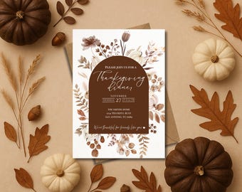 Rustic Thanksgiving Dinner Invitation Template | Cozy Fall Dinner Party | Editable Canva | Autumn Gathering | Neutral | Fall Florals