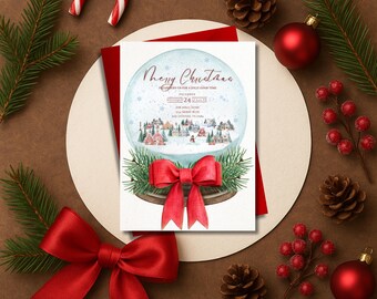 Merry Christmas Snow Globe Invitation | Winter Village Holiday Party Invite | Printable Xmas Invitation | Festive Watercolor Christmas Templ