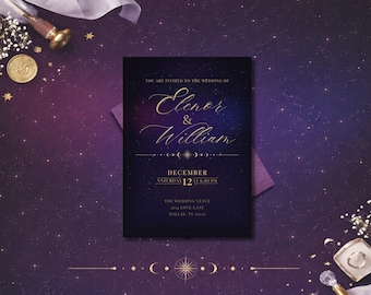 Celestial Wedding Invitation Template | Starry Night | Astrology Wedding Invitation | Navy & Gold Cosmic Wedding | Editable Canva Template