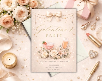 Galentine’s Party Invitation | Chic Champagne Gold Galentines Invite | Girls Night Brunch Party | Valentine’s Day | Editable Canva Invite