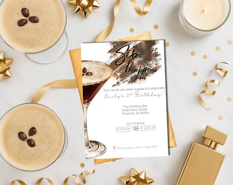 Sip Happens 21st Birthday Invitation | Editable Cocktail Party | Classy Girls Night Template | Espresso Martini Birthday Digital Download