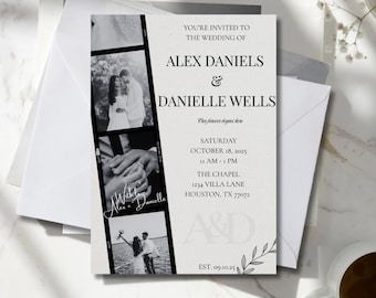 Modern Black & White Wedding Invitation with Photo Strip | Minimalist Wedding Invite | Editable  Canva | Digital Download | Embossed Initial