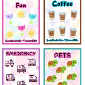 May include: Four rectangular budgeting cards titled Sinking Funds Tinys. The cards feature cartoon graphics: Fun with suns and flowers, Coffee with iced lattes, Emergency with ambulances, and Pets with turtles. Each includes Budgeting Society - Yt SavewithGlo.