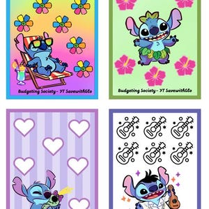 May include: Four rectangular cards featuring the character Stitch. One shows Stitch in sunglasses on a lounge chair with flowers, one with Stitch and hibiscus flowers, one with Stitch holding a doll and hearts, and one with Stitch playing a ukulele.