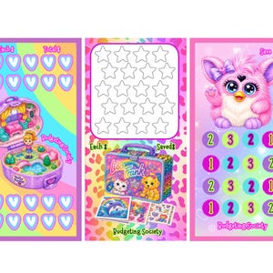 May include: Three vertical panels featuring colorful savings trackers. The left shows a Polly Pocket toy and heart icons. The center displays a grid of stars and a Lisa Frank lunchbox. The right features a pink furry creature and numbered circles.