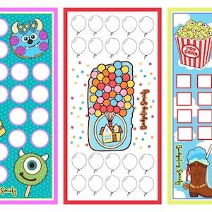 May include: Three rectangular savings trackers with colorful illustrations. The first features monsters and a drink, the second a house with balloons, and the third popcorn, a cupcake, and a boot. Each includes circles or squares for tracking.