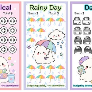 Puede incluir: Tres tarjetas verticales de seguimiento de ahorros con ilustraciones de fantasmas. La primera es rosa con Medical y signos más, la segunda es azul con Rainy Day y paraguas, y la tercera es morada con Debt e iconos de tarjetas de crédito.