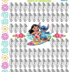 May include: A savings tracker sheet titled SURF INTO SAVINGS featuring rows of black and white surfboard outlines. In the centre, a colourful illustration shows a girl and a blue alien character surfing on a floral surfboard. Pink hibiscus flowers decorate the sides.