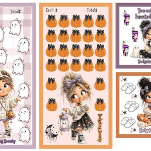 Puede incluir: Un conjunto de cuatro pegatinas de seguimiento presupuestario con temática de Halloween que incluyen personajes de dibujos animados, fantasmas, calabazas y zapatillas. El texto incluye 'Each Ghost $', 'Totals', 'Too cute to be haunted by Debt!' y 'Budgeting Society'.
