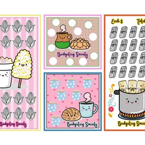 May include: A set of three colorful budgeting tracker sheets featuring cute illustrations of corn, tamales, mugs, and pastries. Each sheet includes the text Budgeting Society, rows of icons for tracking savings, and various pastel-colored backgrounds with patterns.