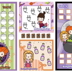 May include: A set of three budgeting tracker sheets featuring cartoon characters and themed icons. The designs include cauldron icons, electrical plugs, potion bottles, and spellbooks, with text labels reading Each $, Total $, and BudgetingSociety.