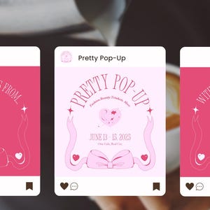 Może przedstawiać: Różowa grafika na wydarzenie Pretty Pop-Up. Projekt zawiera tekst "Pretty Pop-Up" w stylizowanej czcionce, z datami 13-15 czerwca 2025 i lokalizacją "One Cafe, Real City". Projekt zawiera również kokardy i serca.