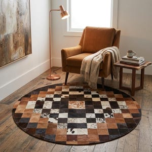 Alfombra de piel de vaca hecha a mano con retazos, estilo rústico de granja, decoración Western Star, alfombra redonda de cuero patchwork.