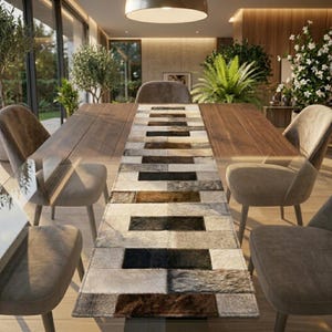 May include: A rectangular table runner made of rectangular patches of cowhide in shades of brown, black, and cream. The runner is placed on a long, wooden dining table. The room has several chairs and plants.