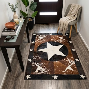 Echter Rindsleder Patchwork Teppich Handgemachter Stern Longhorn Geometrischer Bauernteppich