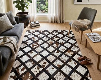 Handmade Cowhide Rug Carpet Natural Patchwork Geometric Diamond Farmhouse Entryway Are Mat