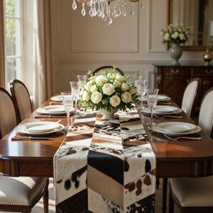 May include: A dining table set with a cowhide patterned table runner, white plates, and crystal glasses. A centerpiece of white roses sits in the middle. The table is set for a meal. A chandelier hangs above the table. The table is made of dark wood.