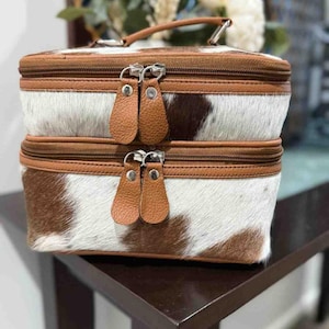Natural Hair-on Leather Beauty Box Bag | Real COWHIDE LEATHER Beauty Kit for Women | Ladies Makeup Bag with Top Handle | Girls Cosmetic Bag