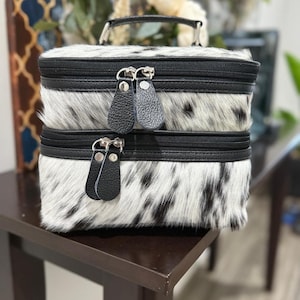 Natural Hair-on Leather Beauty Box Bag | Real COWHIDE LEATHER Beauty Kit for Women | Ladies Makeup Bag with Top Handle | Girls Cosmetic Bag