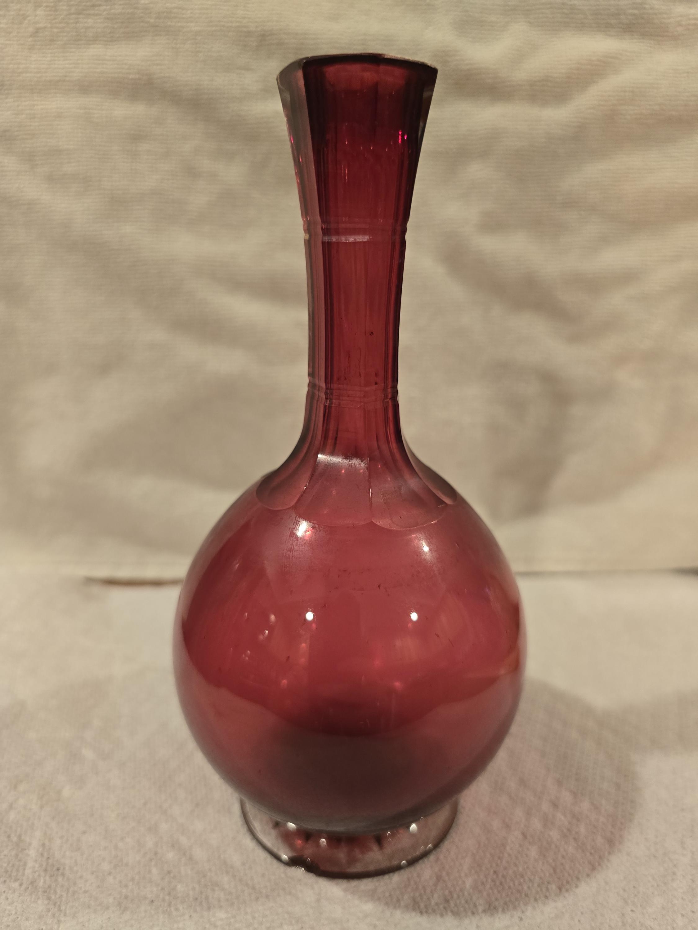 アンティーク クランベリーガラス 7インチボトル花瓶 1900年代初頭