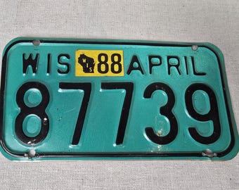 Vintage Wisconsin Motorcycle License Plate Teal Large Size 1988