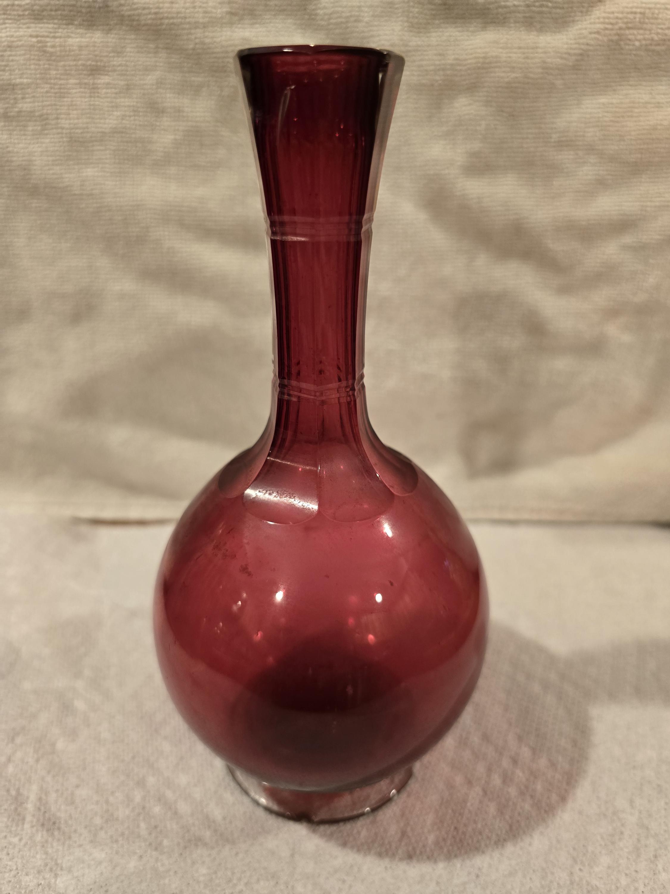 アンティーク クランベリーガラス 7インチボトル花瓶 1900年代初頭