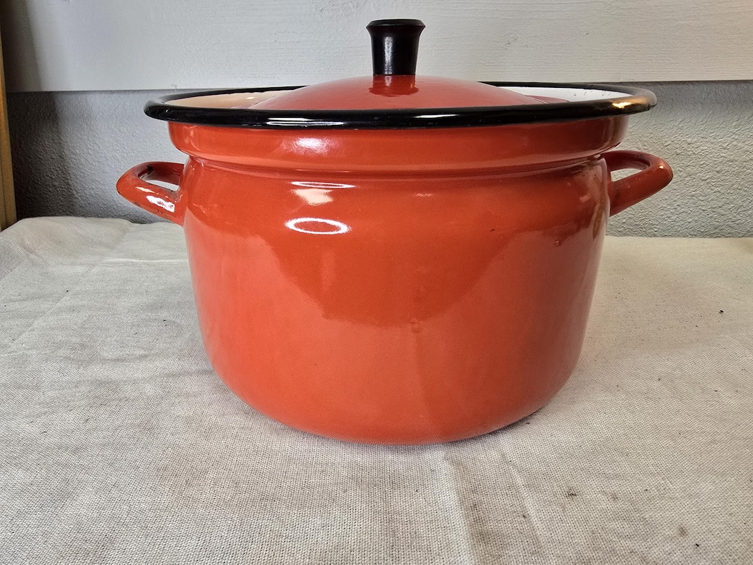 Vintage Red Enamel Cooking Pot With a Lid Red Orange Color, Made in ...