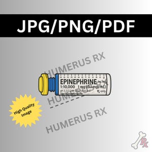 May include: A cartoon illustration of an epinephrine injection. The syringe is white with blue and yellow accents. The label reads "EPINEPHRINE" and includes dosage information. A yellow starburst graphic reads "High Quality Image".