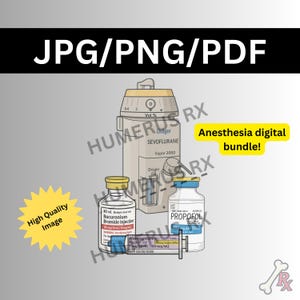 Może przedstawiać: Ilustracja cyfrowego pakietu anestezjologicznego. Obraz przedstawia SevoFlurane Vapor 2000, dwie fiolki z lekami i strzykawkę. Tekst na obrazie zawiera "JPG/PNG/PDF", "Anesthesia digital bundle!" i "High Quality Image".