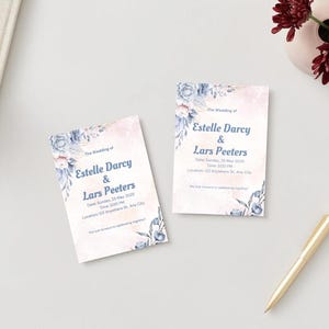 Bearbeitbare Hochzeitseinladungsvorlage - Blaues Blumenmuster - Elegantes rosa Aquarell - Sofort Download PDF
