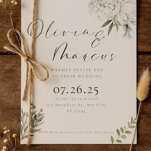 Rustieke elegante bruiloft uitnodigingssjabloon | Bewerkbare bloemenuitnodiging met aquareldetails | Afdrukbare digitale download | DIY-trouwkaart