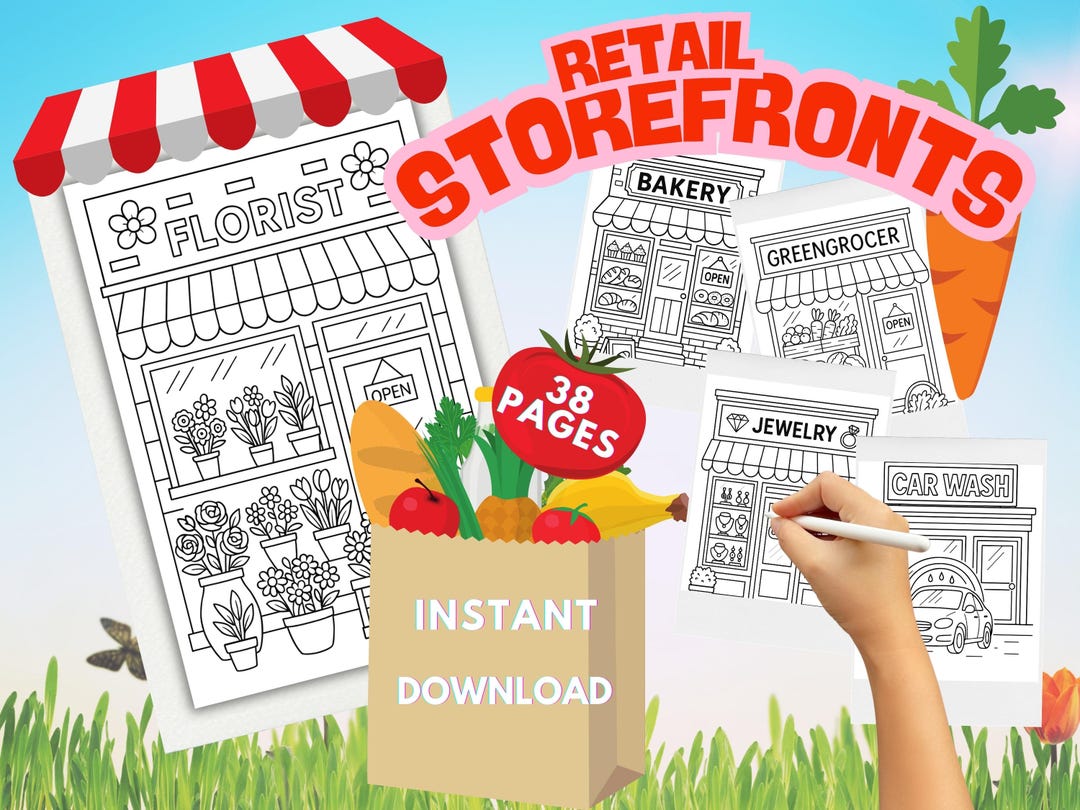 Storefront Coloring Book: 38 Printable Retail Shop Pages (digital ...