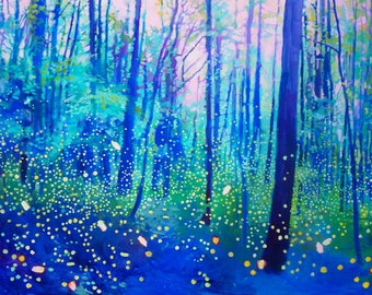 Firefly Forest Painting - Cobalt Dusk Landscape Art Print - large framed canvas print