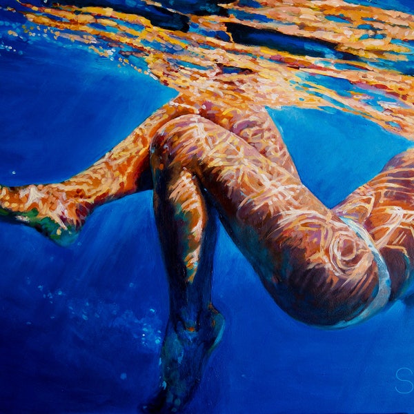 Art Print of painting woman Swimming in ocean titled sifting sunlight - Archival Large home decor - Ocean lover