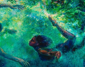 Swimmer Art Print, Deep Green Ocean, Brave Explorers Giclée