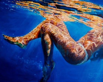 Art Print of painting woman Swimming in ocean titled sifting sunlight - Archival Large home decor - Ocean lover