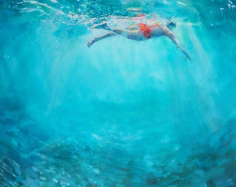 Swimmer Art Print: Turquoise Sea, Archival Giclée